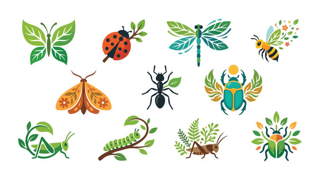 Collection of stylized insects and bugs with natural elements like leaves and flowers, symbolizing nature and ecology.