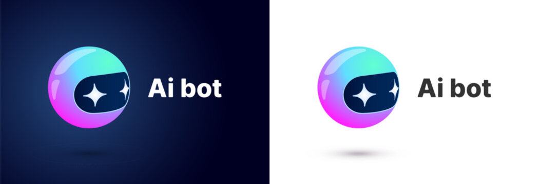 Cute 3D chatbot mascot icon set. Blue AI robot character sphere cartoon vector illustration. Smart artificial intelligence virtual assistant customer support app digital design.