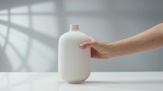 A very slow cinematic dolly push-in video in a pristine minimalist studio. An unadorned hand presents a sleek white ceramic vase against a seamless gradient background with soft high-key lighting,
