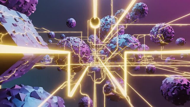 A Surreal Floating Cubic Fragment Amid Blue and Purple Molecular Orbs