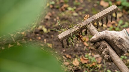 Fototapeta premium Gardener hand holding wooden rake cleaning soil in autumn garden for seasonal yard maintenance and lawn care