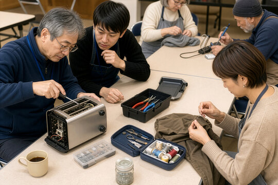 Repair cafe volunteers fixing a toaster and mending clothes on the same table