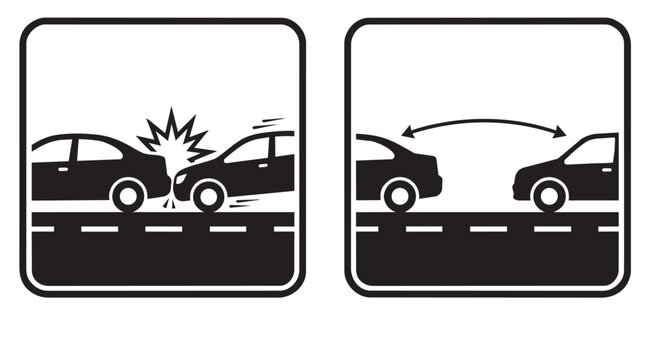 Vector infographic showing the cause and effect of a car accident, with dangerous tailgating on the right and the resulting rear-end collision on the left.