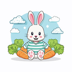 Fototapeta premium Cute cartoon rabbit sitting with carrots and clouds