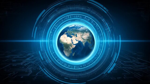 Futuristic Digital Earth Globe with Glowing Blue Technology Rings, Global Network, AI, Big Data, and Connectivity Concept