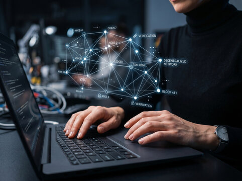Federated learning network blockchain ledger verification cyber security data privacy decentralized system laptop typing developer coding