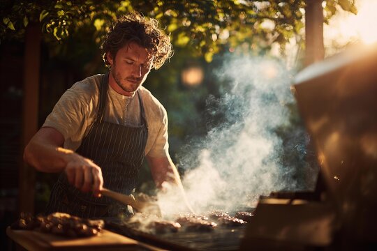 Man grilling burgers outdoors in golden hour sun with smoke rising