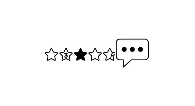 Rating feedback icon with stars and speech bubble.