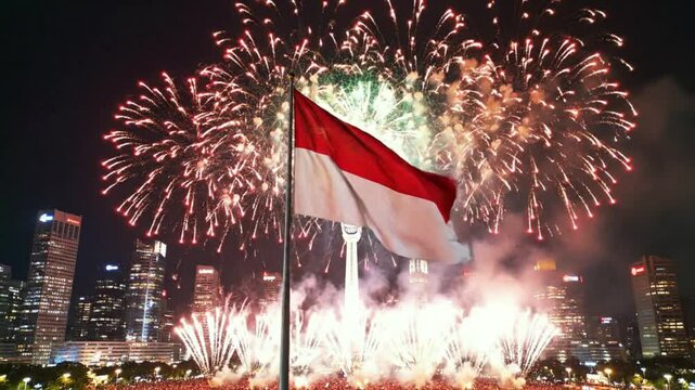 Indonesian Flag Waving with Fireworks over Night City Skyline