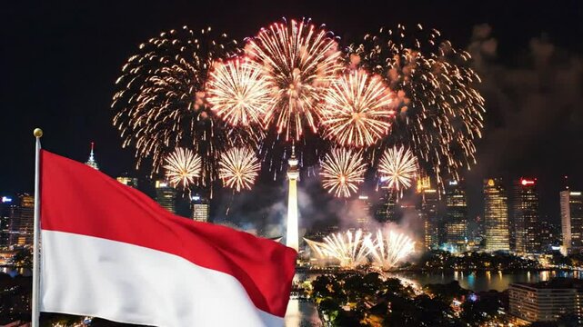 Flag of Indonesia waving during night fireworks over city skyline