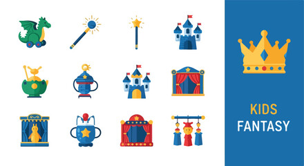 Fototapeta premium Fantasy Icons Set. Kids Magic Objects Collection. Vector Illustration