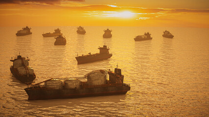 oil tankers fleet anchored in Strait of Hormuz at dramatic golden sunset 3D render concept © de Art
