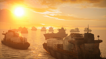 oil tankers fleet anchored in Strait of Hormuz at dramatic golden sunset 3D render concept © de Art