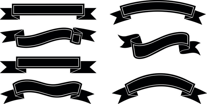 Set of six black ribbon banners with white outlines vector art