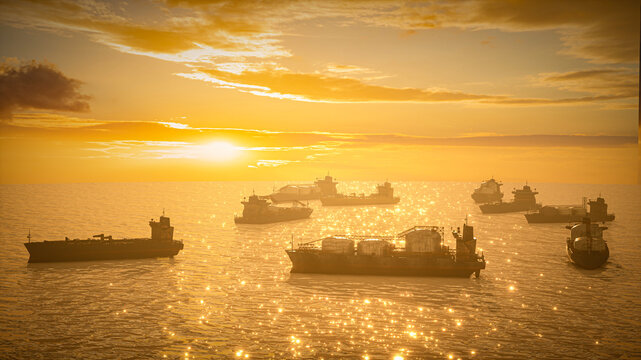 oil tankers fleet anchored in Strait of Hormuz at dramatic golden sunset 3D render concept