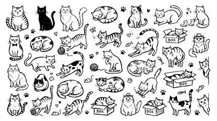 Fototapeta premium Set of cats doodles, hand drawn, vector, black and white. cat