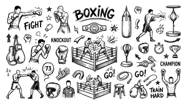Set of boxing doodles, hand drawn, vector, black and white.