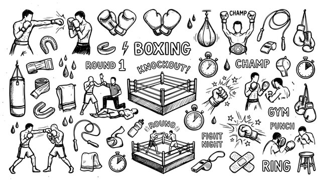 Set of boxing doodles, hand drawn, vector, black and white.
