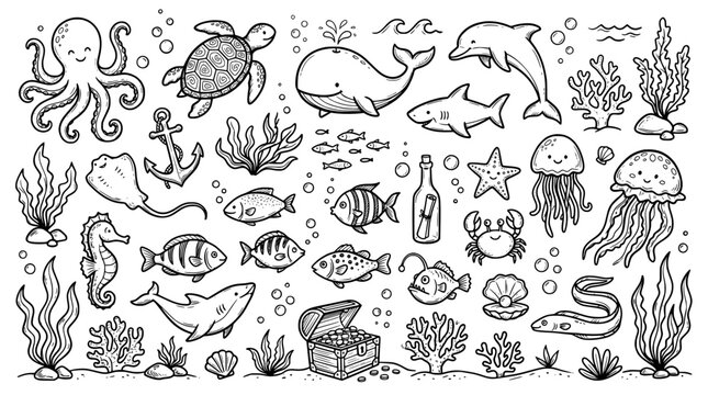 Set of Under the sea doodles, hand drawn, vector, black and white. dolphin, squid, turtle, shark, fish