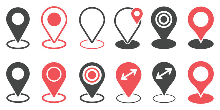 Collection of Location Pin Icons: A set of stylized map marker icons in various designs and colors. GPS navigation, point of interest, map symbol, search result.