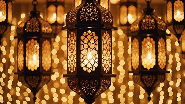 Intricately patterned Moroccan-style lanterns glow warmly, suspended among shimmering bokeh lights and decorative metal filigree