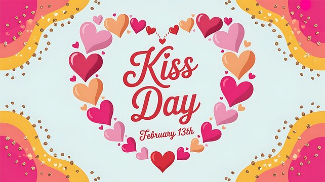 Kiss day february 13th greeting card with heart shape and colorful decorative border february romantic valentine