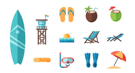 Summer Beach Vacation Icons: Surfboard, Coconut, Beach Chair, Lifeguard Tower © kalimawafina