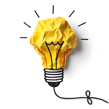 Creative idea concept with crumpled yellow paper lightbulb on white background, business innovation and brainstorming inspiration icon