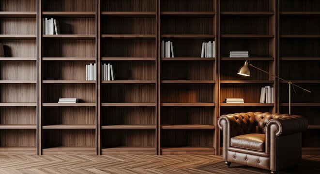 Luxurious Library Interior with Leather Armchair and Bookshelves