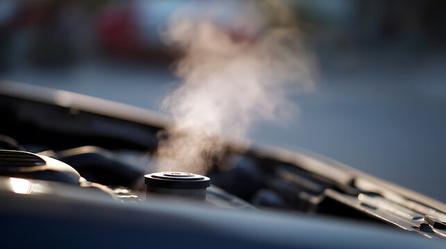 Close-up of car engine with steam rise from a cap on an engine part, depict an overheated motor or mechanical problem, vehicle issue