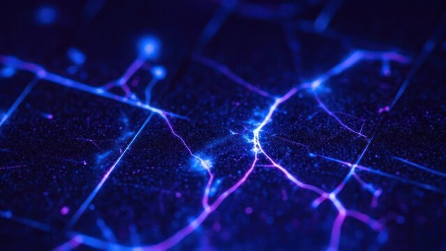 Abstract digital neural network background with glowing light connections.