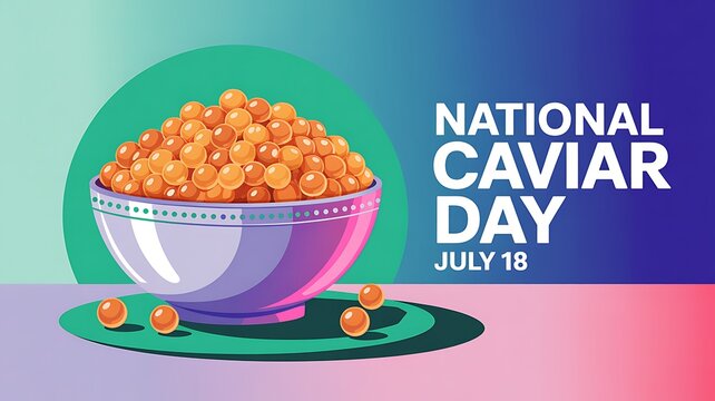 National caviar day july 18 illustration with a ceramic bowl of orange fish roe on a colorful table, national
