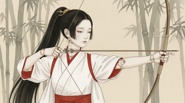 Upper body portrait of a black-haired ball-jointed doll miko shrine maiden holding a bow with a faint bamboo forest background