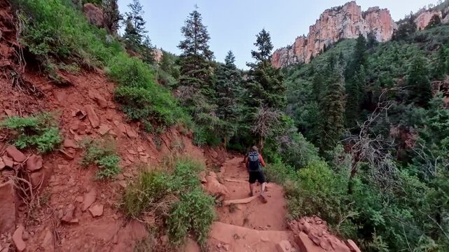 Man Backpacks the North Kaibab Trail into the Grand Canyon from the North Rim