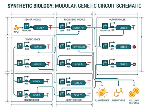 Synthetic Biology Modular Genetic Circuit Schematic Diagram Showing Sensor Processing and Output Modules for Biotechnology Education