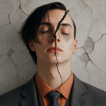 Surreal man portrait with cracked wall texture