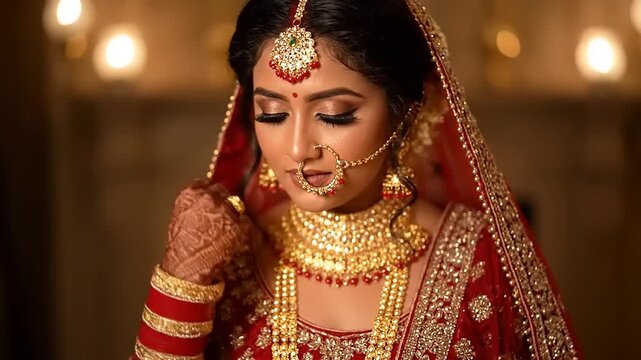 Beautiful Indian Bride Adorned in Traditional Red and Gold Wedding Attire.