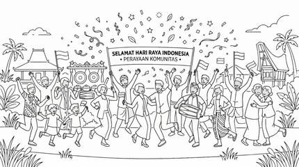 Obraz premium Group of diverse Indonesian people celebrating Independence Day with joy and excitement.
