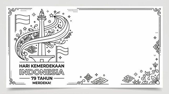 Indonesia 79th Independence Day Line Art Monas Monument Illustration.