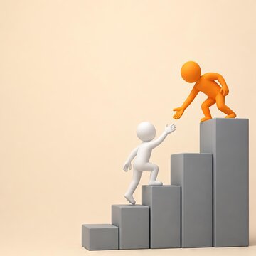 White figure climbing stairs while orange figure helps from the top