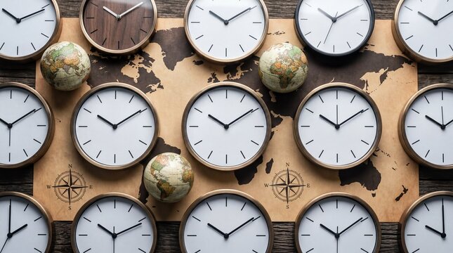 global collaboration, a flat lay of various clocks illustrating global time zones and async work