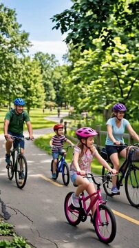 Family riding bikes together on a tree-lined park trail in summer