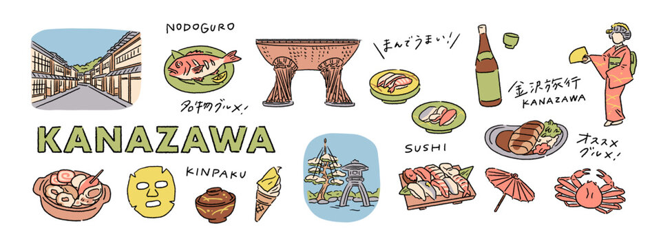 金沢ののどぐろ、金箔、兼六園、金沢カレーなどの旅行、観光の手書き文字と手描きベクターイラスト素材セット A set of handwritten Japanese text and hand-drawn vector illustrations featuring a trip to Kanazawa, Japan, gold leaf, Kenroku-en Garden, and more.