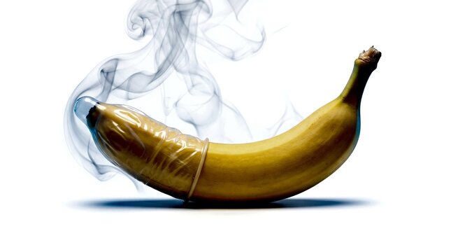 Conceptual safe sex representation of a ripe yellow banana covered by a latex condom with blue smoke on white background for health education