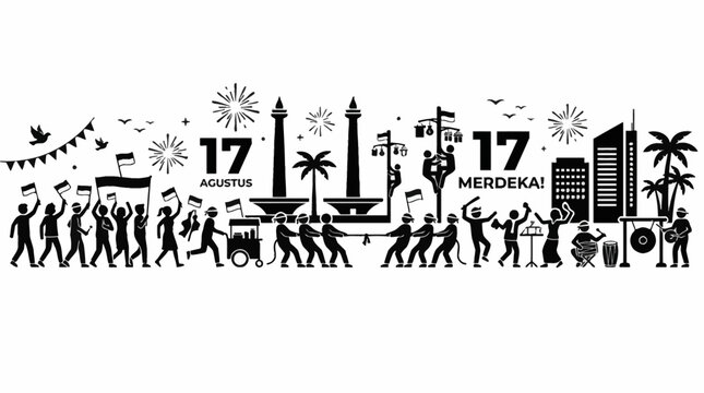 Indonesian Independence Day Celebration Silhouettes Illustration.