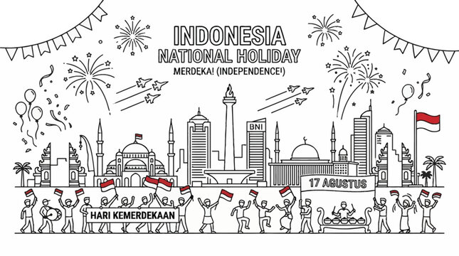 Indonesia Independence Day Celebration Doodle Art with City Landmarks.