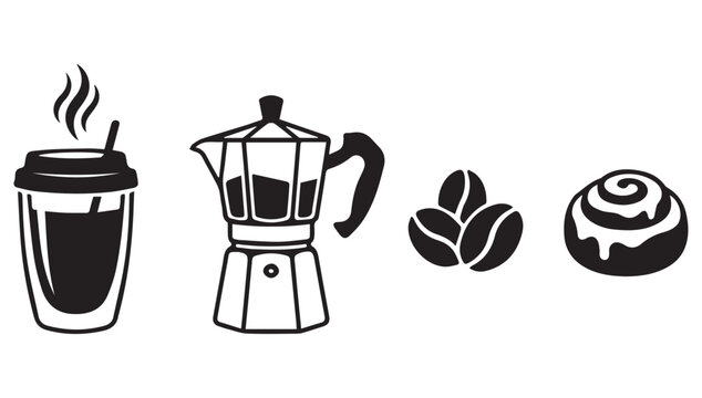 Coffee shop icons set, black and white cafe vector elements, moka pot with espresso beans and cinnamon roll, takeaway coffee cup illustration