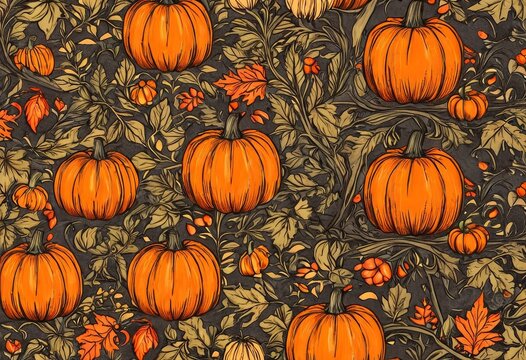 Halloween seamless pattern with pumpkins and autumn leaves on black background