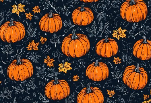 Halloween seamless pattern with pumpkins and autumn leaves on black background
