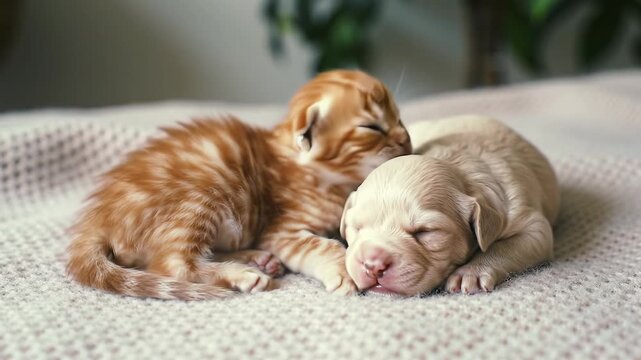 A tiny ginger kitten & small cream puppy deeply asleep, bodies intertwined on soft cashmere, bathed in soft natural light with bokeh. Concept of profound peace and innocence
